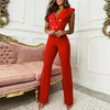 Women Color Matching Button V-Neck Sleeveless Houndstooth Jumpsuit