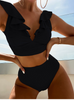 Women'S Sexy Solid Color Pleated Lace Double Strap Button Up Swimsuit Two-Piece Set