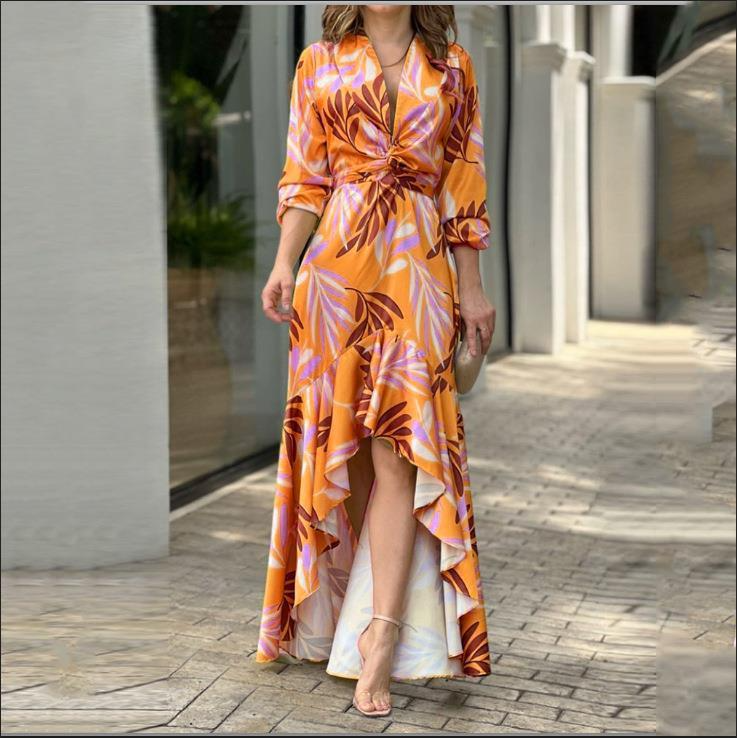 Women Fashion Print Kink Pleated V-Neck Long Waist Fishtail Dress