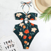 Fashion Flower Printed Women Pleating Halter Neck Swimsuit Cover Skirt Two Pieces Swimsuit