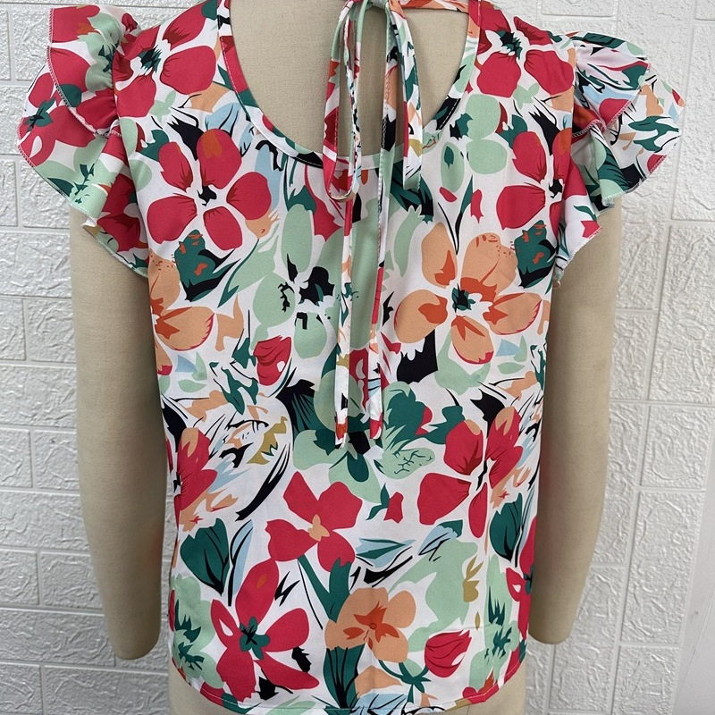 Fashion Women Summer Vacation Floral Print Double Layer Ruffled Short-Sleeved Blouse