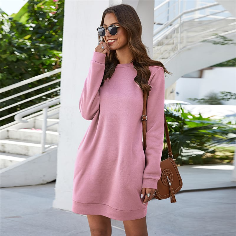 Women Fashion Solid Color Round Neck Dress