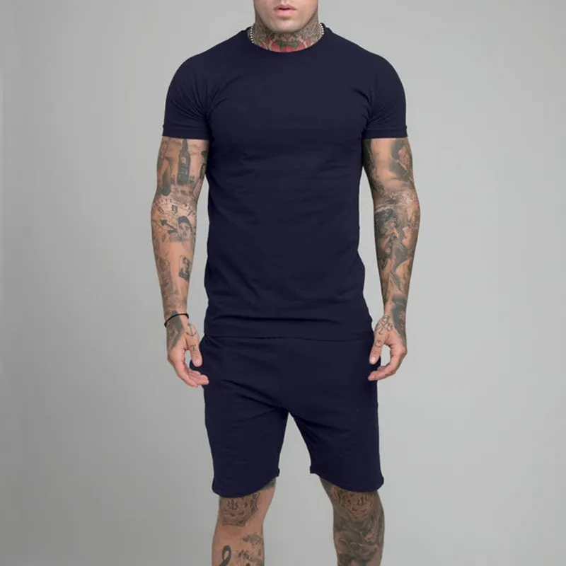 Men Summer Fashion Casual Commuter Solid Color Short Sleeve T-Shirt Shorts Sets