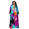Women Ramadan /Eid Fashion Casual Geometric Printing Lapel Single-Breasted Long Sleeve Dress