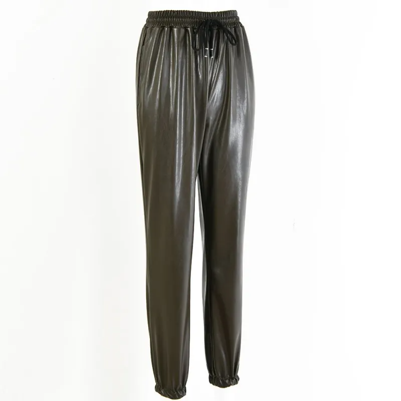 Women Fashion Drawstring Design Solid Color PU Leather Jogger Pants