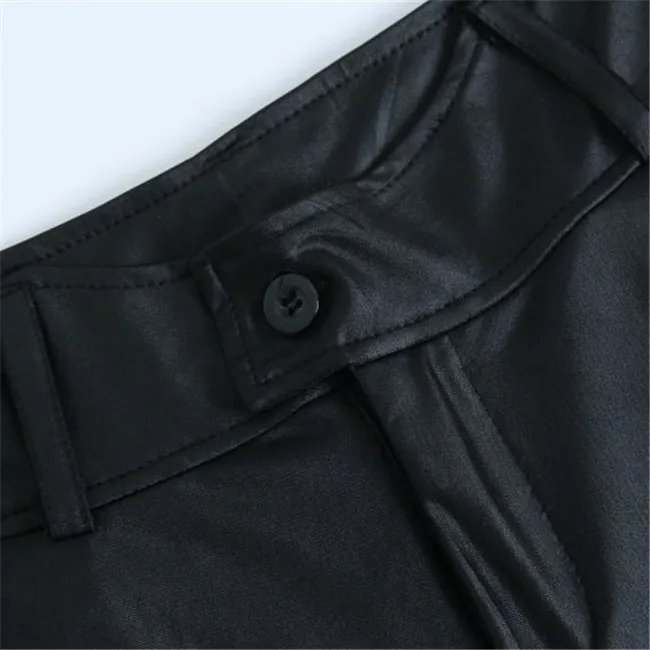 Women Fashion Solid Color High Waist Sash PU Leather Pants