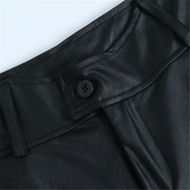 Women Fashion Solid Color High Waist Sash PU Pants