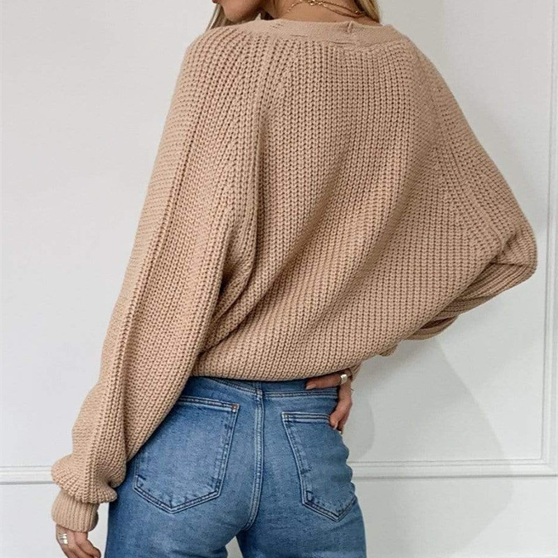 Women Casual V-Neck Buttoned Lantern Sleeve Sweater