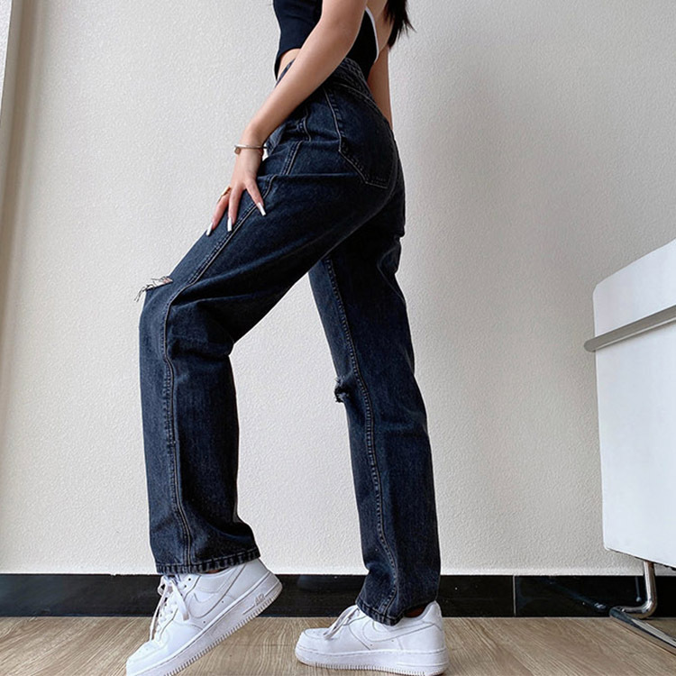 Women High Waist Mom Ripped Jeans Straight Denim Pants