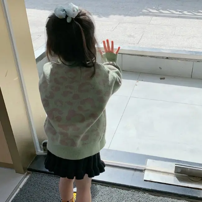 Girls Casual Leopard Single-Breasted Knit Coat