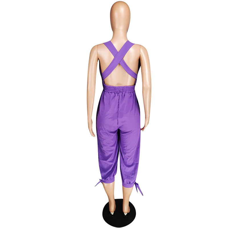 Women Fashion V-Neck Backless Solid Color Halter Jumpsuits