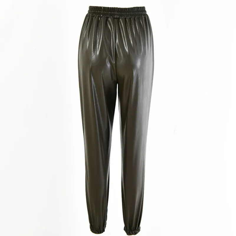 Women Fashion Drawstring Design Solid Color PU Leather Jogger Pants