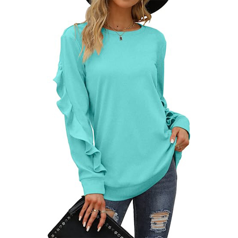 Autumn Winter Women Casual Round Neck Long Sleeve Ruffled Sweatshirt