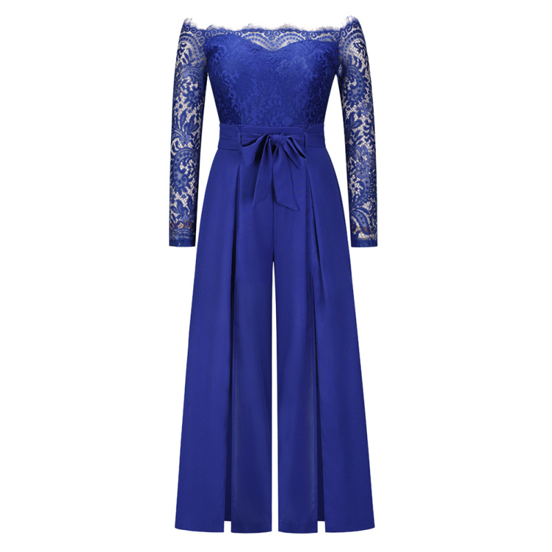 Women Elegant Solid Color Lace Patchwork Long-Sleeved Off-The-Shoulder Belted Side-Slit Jumpsuits