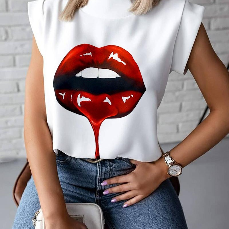 Women'S Simple Short Sleeve Stand Collar Lip Print Blouse