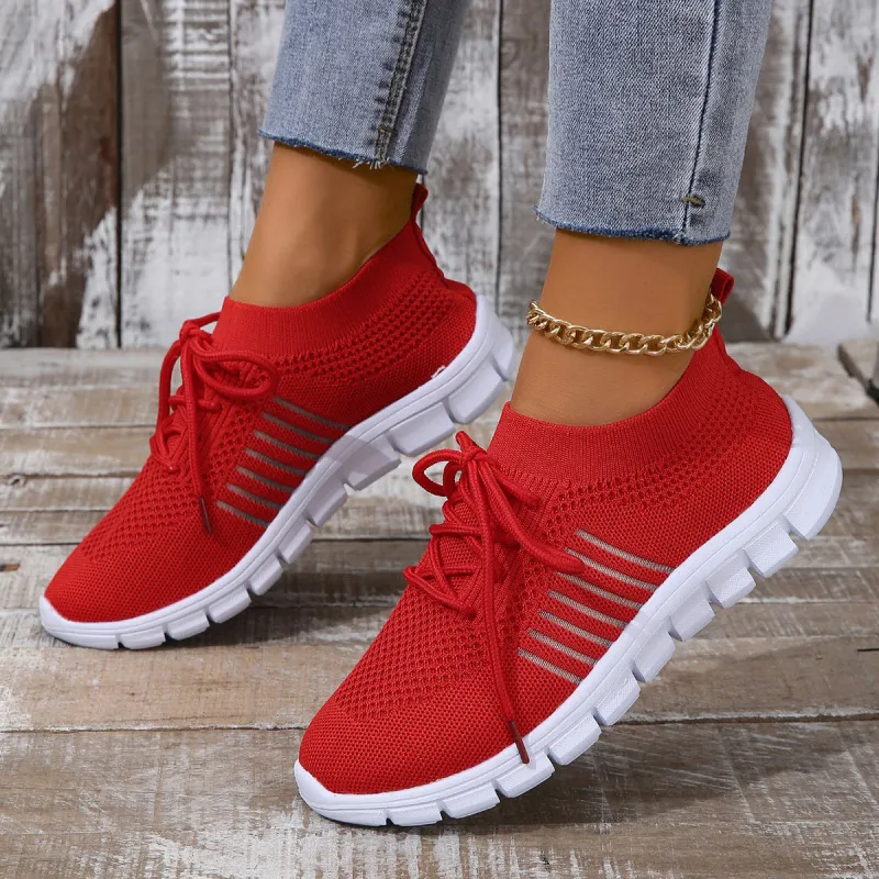 Women Casual Plus Size Solid Color Mesh Breathable Flat Sneakers