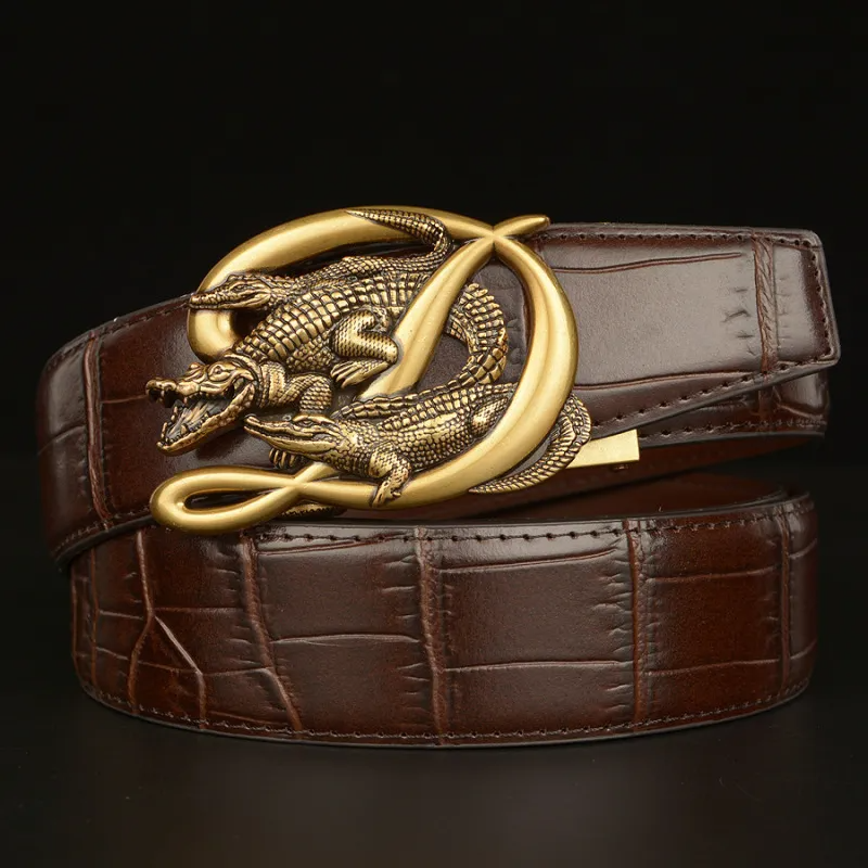 Men Fashion Casual Business Solid Color Leather Metal Buckle Crocodile Belt