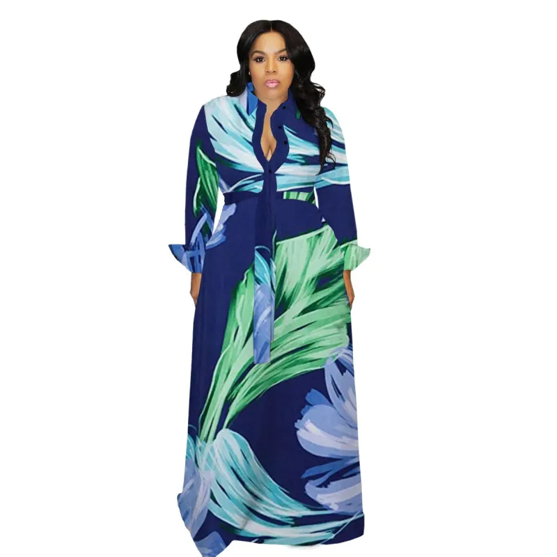 Women Ramadan /Eid Fashion Casual Geometric Printing Lapel Single-Breasted Long Sleeve Dress