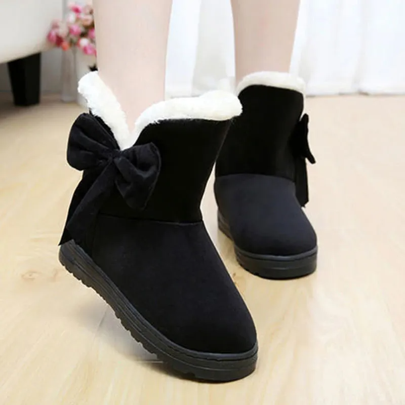 Women Winter Bow Decor Fleece Lined Plush Snow Short Boots