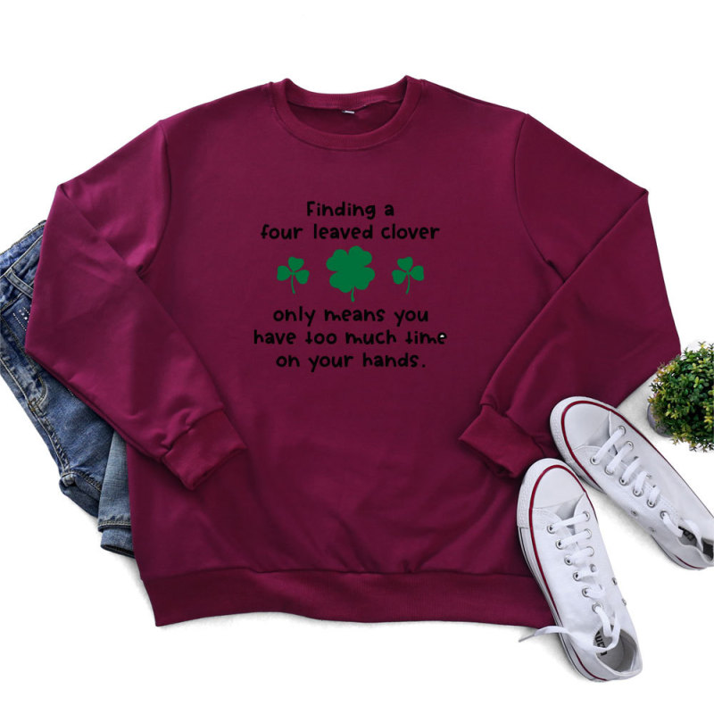 St.Patrick'S Day Fashion Women'S Long Sleeve Four Leaf Clover Letter Print Round Neck Sweatshirt