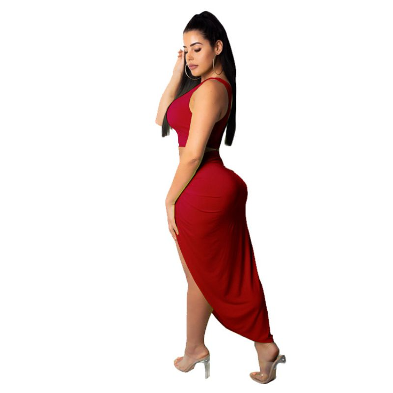 Asymmetric One-Shoulder Cropped Top Sexy Side-Slit Skirt Women Solid Color Two-Piece Set