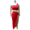 Asymmetric One-Shoulder Cropped Top Sexy Side-Slit Skirt Women Solid Color Two-Piece Set