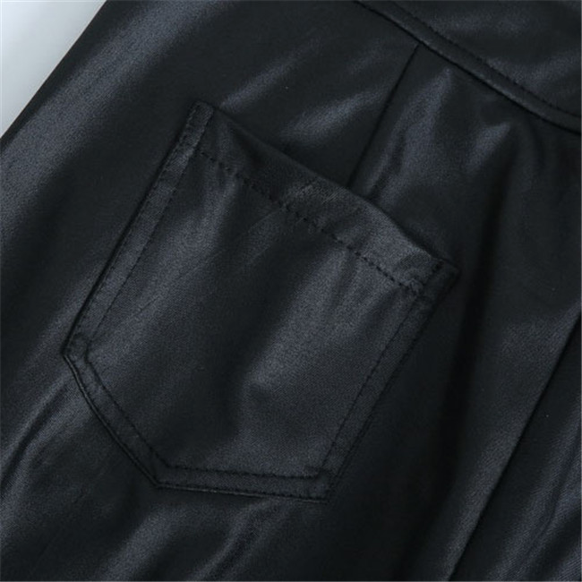 Women Fashion Solid Color High Waist Sash PU Pants