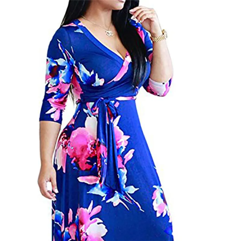 Ramadan /Eid Women Casual V-Neck Long-Sleeve Lace-Up Flower Print Maxi Swing Dress