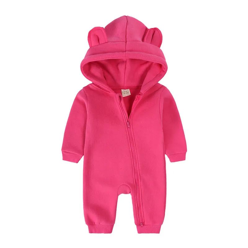 Kids Baby Boys Girls Autumn Winter Casual Cute Solid Color Bear Long Sleeve Hooded Jumpsuit