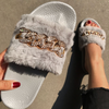 Women Leisure Plush Metal Chain Design Flats Slippers Shoes