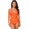 Women Simple Solid Color Shirring Halter Neck One-Piece Swimwear