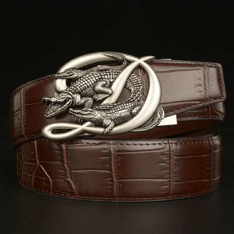 Men Fashion Casual Business Solid Color Leather Metal Buckle Crocodile Belt