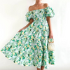 Women'S Temperament Fashion Backless Boat Neck Floral Printing Puff Sleeve Dress