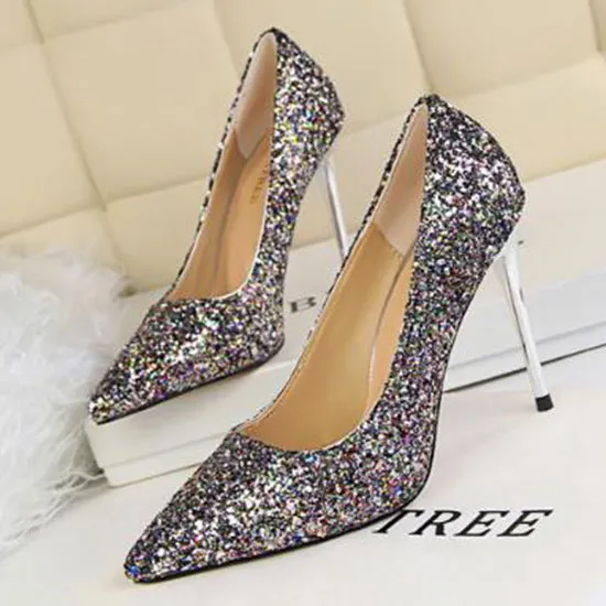 Women Sexy Shining Sequins Decor Pointed-Toe Stiletto Shoes Pumps