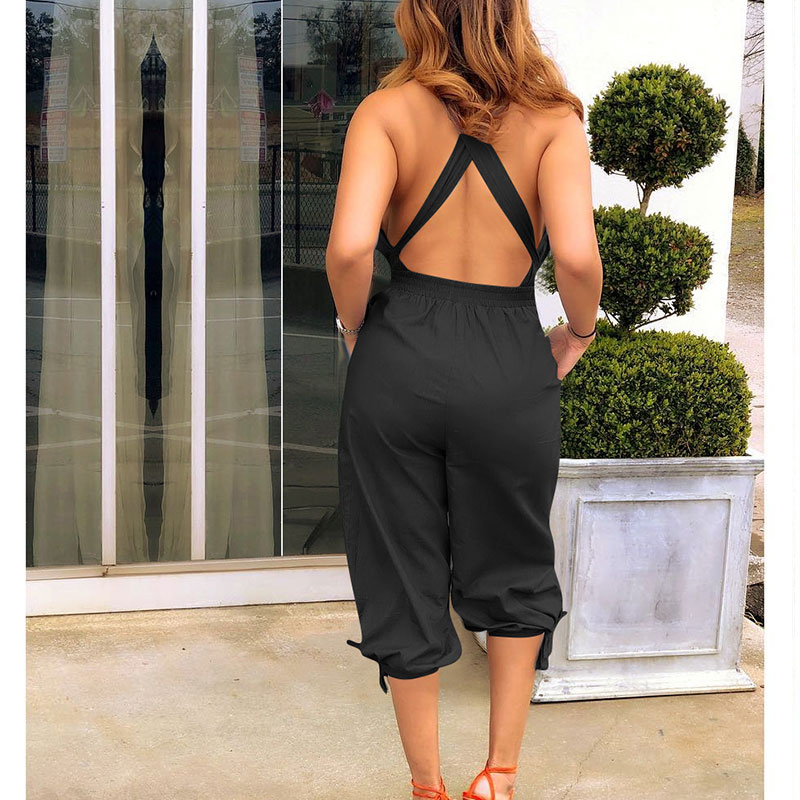 Women Fashion V-Neck Backless Solid Color Halter Jumpsuits