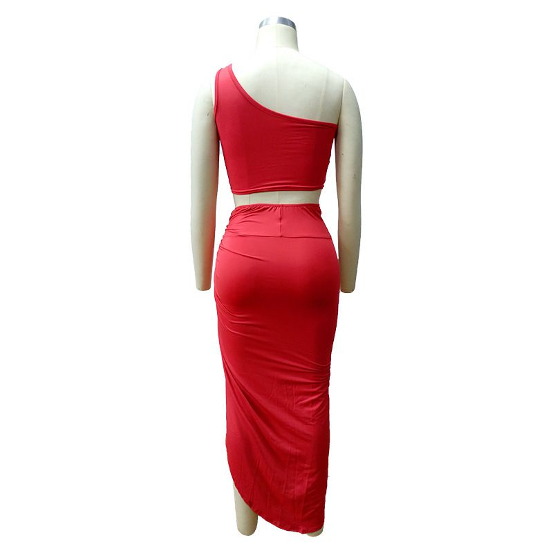 Asymmetric One-Shoulder Cropped Top Sexy Side-Slit Skirt Women Solid Color Two-Piece Set