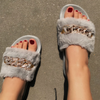 Women Leisure Plush Metal Chain Design Flats Slippers Shoes