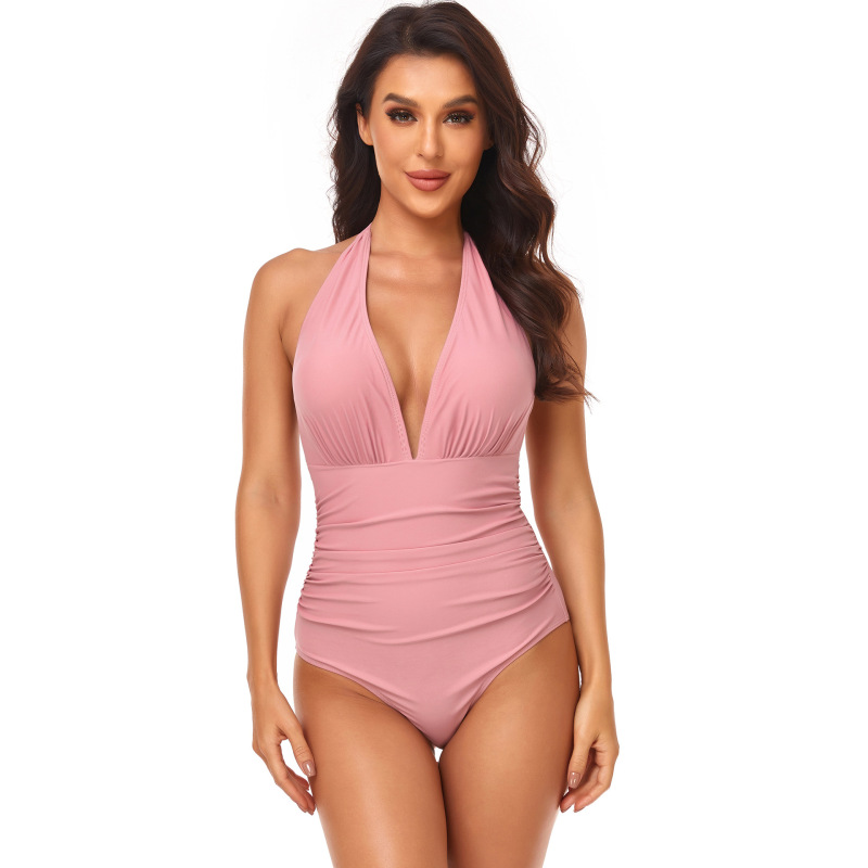 Women Simple Solid Color Shirring Halter Neck One-Piece Swimwear