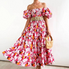 Women'S Temperament Fashion Backless Boat Neck Floral Printing Puff Sleeve Dress