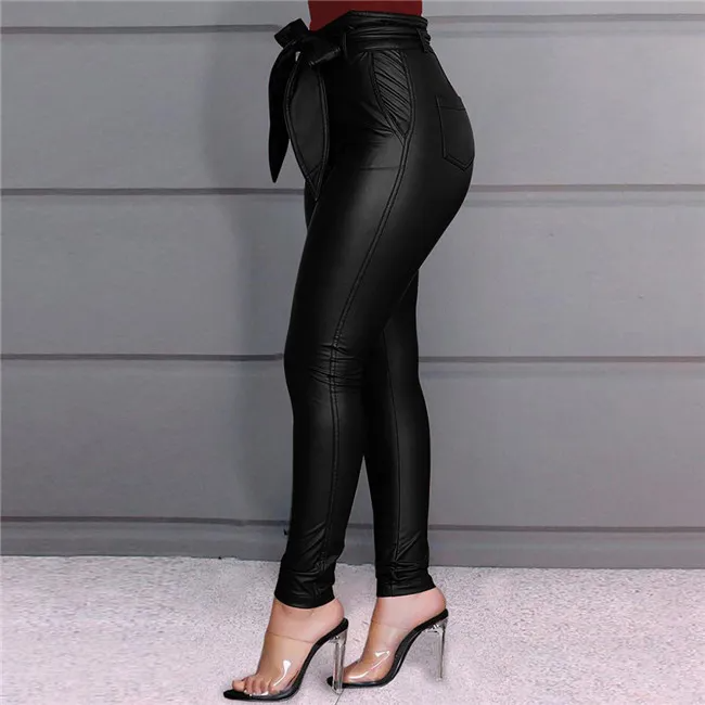 Women Fashion Solid Color High Waist Sash PU Leather Pants