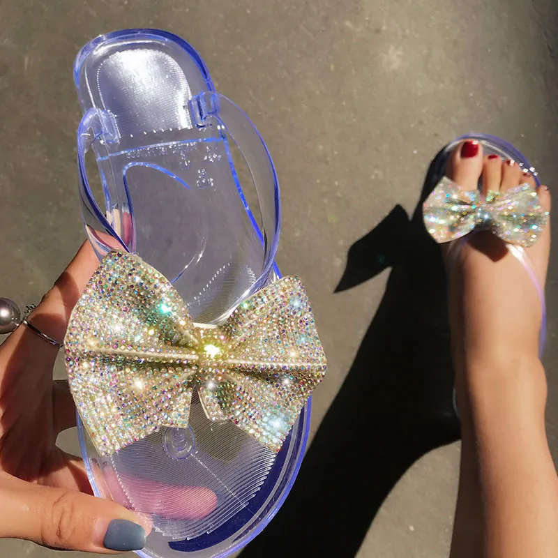 Women Bow Rhinestone Flip-Flop Slippers Shoes