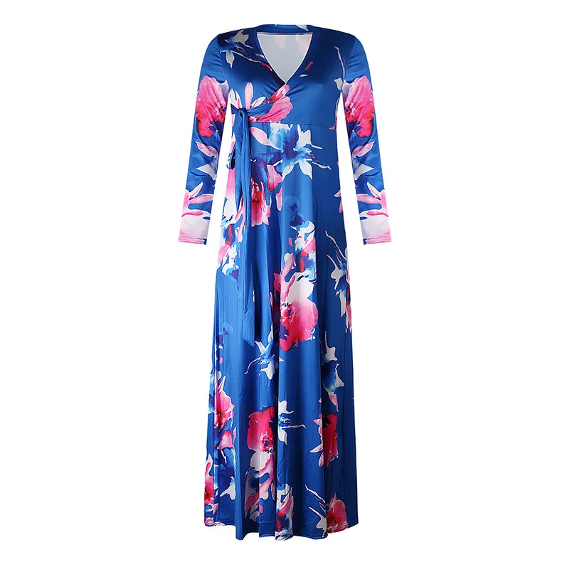 Ramadan /Eid Women Casual V-Neck Long-Sleeve Lace-Up Flower Print Maxi Swing Dress