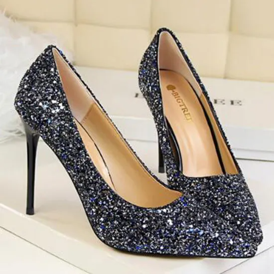 Women Sexy Shining Sequins Decor Pointed-Toe Stiletto Shoes Pumps