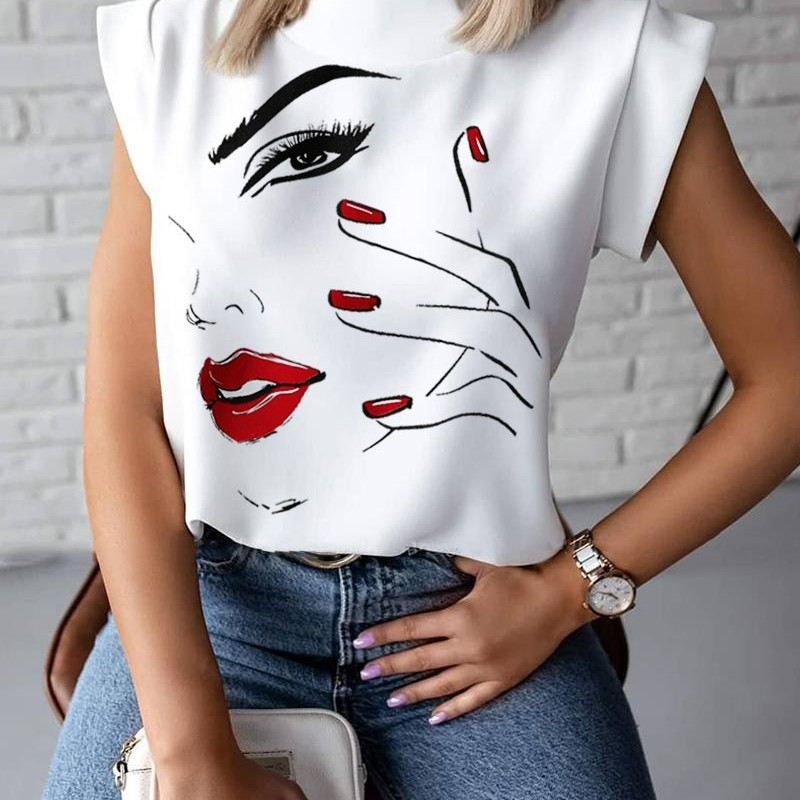 Women'S Simple Short Sleeve Stand Collar Lip Print Blouse