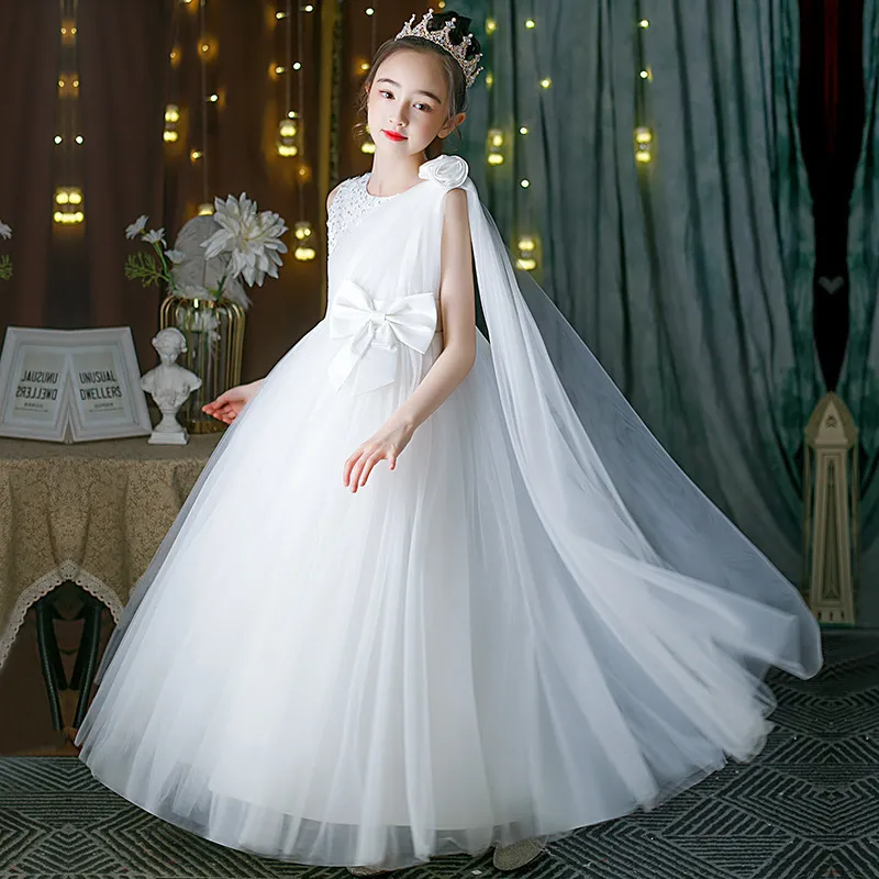 Kids Toddler Big Girls Cute Party Sleeveless Long Sleeve Bow Round Neck Mesh Tutu Princess Dress