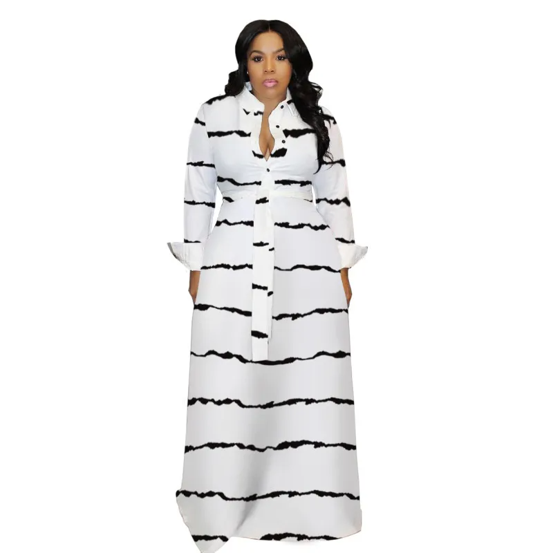 Women Ramadan /Eid Fashion Casual Geometric Printing Lapel Single-Breasted Long Sleeve Dress