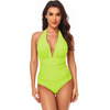 Women Simple Solid Color Shirring Halter Neck One-Piece Swimwear