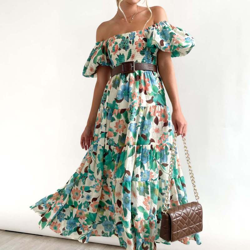 Women'S Temperament Fashion Backless Boat Neck Floral Printing Puff Sleeve Dress