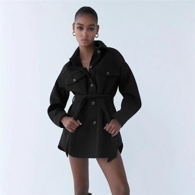 Women Casual Lapel Long-Sleeve Coat With Sash