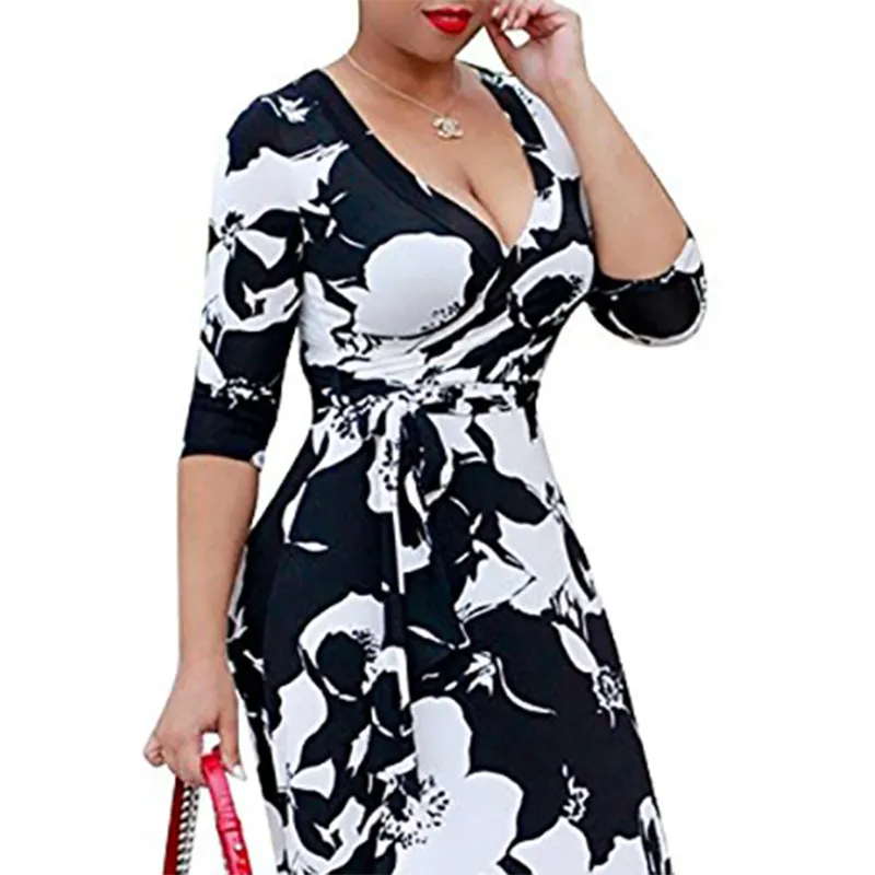 Ramadan /Eid Women Casual V-Neck Long-Sleeve Lace-Up Flower Print Maxi Swing Dress